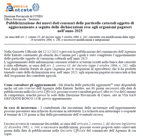 Variazioni colturali Agea - anno 2025 da Agenza Entrate